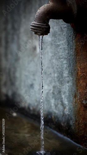 Leaking faucet on weathered concrete wall with rust stains and water flowing into a basin, reflecting the light and creating ripples.