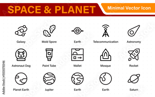 Modern Space and Planet Icons – Clean Outline, Line Art, and Vector Illustrations for Astronomy, Space Exploration, Planets, and Solar System Designs