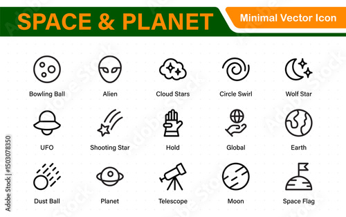 Modern Space and Planet Icons – Clean Outline, Line Art, and Vector Illustrations for Astronomy, Space Exploration, Planets, and Solar System Designs