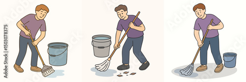 Vector collection of teenage boys mopping the playground floor, wearing purple t-shirt and navy pants