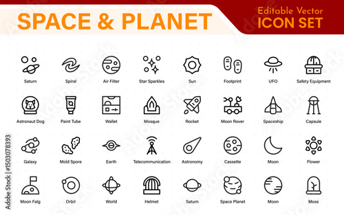 Modern Space and Planet Icons – Clean Outline, Line Art, and Vector Illustrations for Astronomy, Space Exploration, Planets, and Solar System Designs