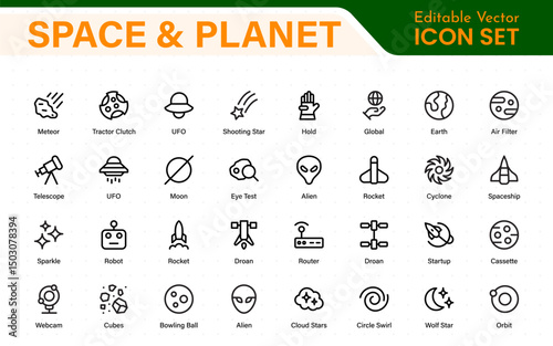 Modern Space and Planet Icons – Clean Outline, Line Art, and Vector Illustrations for Astronomy, Space Exploration, Planets, and Solar System Designs