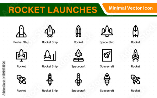 Rocket Launch Icon Pack – Clean Outline, Line Art, and Vector Illustrations for Space Missions, Satellite Launches, and Aerospace Projects
