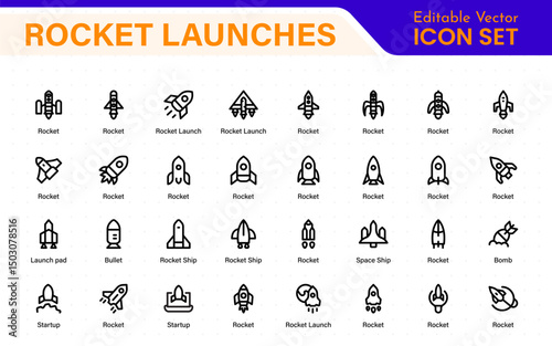 Rocket Launch Icon Pack – Clean Outline, Line Art, and Vector Illustrations for Space Missions, Satellite Launches, and Aerospace Projects