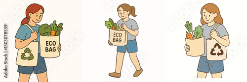 vector collection of teenage girls carrying cloth shopping bags, wearing light gray t-shirts and blue shorts