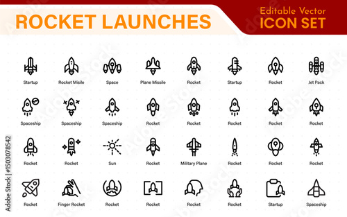 Rocket Launch Icon Pack – Clean Outline, Line Art, and Vector Illustrations for Space Missions, Satellite Launches, and Aerospace Projects