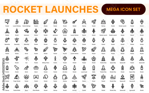 Rocket Launch Icon Pack – Clean Outline, Line Art, and Vector Illustrations for Space Missions, Satellite Launches, and Aerospace Projects