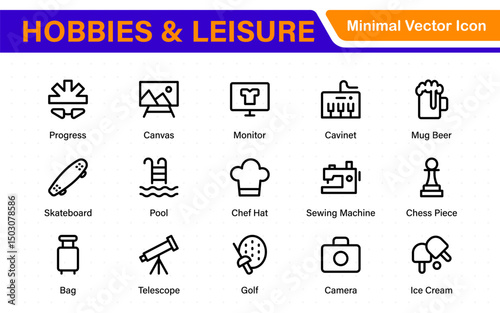 Creative Hobbies and Leisure Icons – Clean Outline, Line Art, Vector Illustrations for DIY Crafts, Outdoor Fun, Entertainment, and Recreation Projects