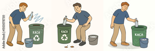 Vector collection of teenage boys recycling glass bottles, wearing navy blue t-shirt and beige pants