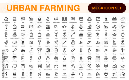 Modern Urban Farming Icons for Community Gardens – Clean Outline, Line Art, Vector Illustrations for Sustainable Farming, Urban Green Projects, and Apps