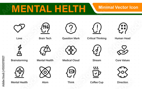 Mental Health and Psychology Icons. A Complete Collection for Therapy Sessions, Counseling, Emotional Well-being, Support Services, and Wellness Programs