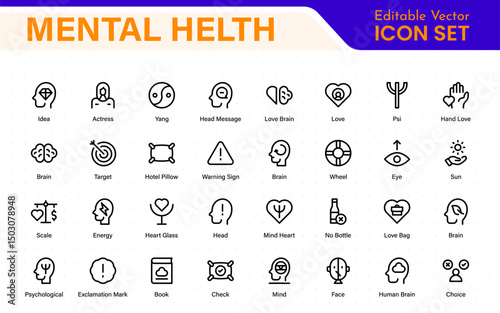 Mental Health and Psychology Icons. A Complete Collection for Therapy Sessions, Counseling, Emotional Well-being, Support Services, and Wellness Programs