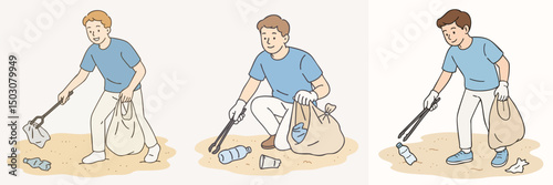 vector illustration collection of men picking up trash with iron tongs and carrying sacks, women wearing sky blue t-shirts and white pants