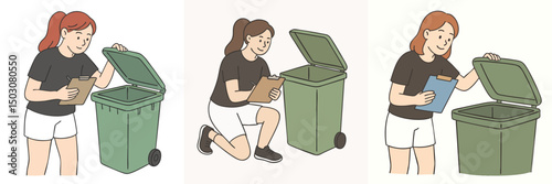 vector illustration collection of women inspecting trash cans and writing them down on a clipboard, women wearing black t-shirts and white pants