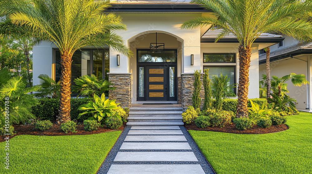 Fototapeta premium Luxurious Florida house exterior with tropical landscaping and welcoming entrance