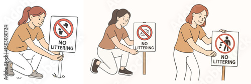 vector illustration collection of women putting up prohibition signs about cleanliness, women wearing brown t-shirts and white pants