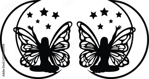 Two Fairy Silhouettes on Crescent Moons with Stars