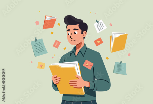 Flat vector art of a person turned into a human desktop, sticky notes and folders stuck to their body, representing mental clutter and digital life chaos
