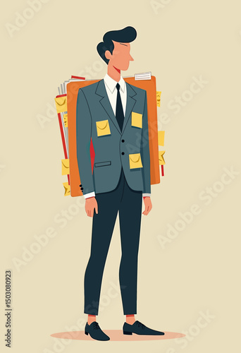 Minimal flat vector of a human figure acting as a desktop, covered with digital folders and sticky notes, symbolizing multitasking and work stress
