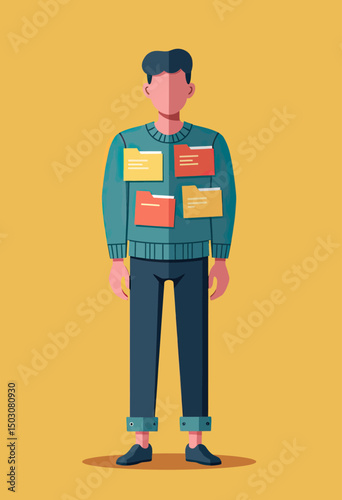 Flat minimalist illustration of a person covered in folders and sticky notes, visual metaphor for a cluttered digital desktop and information overload
