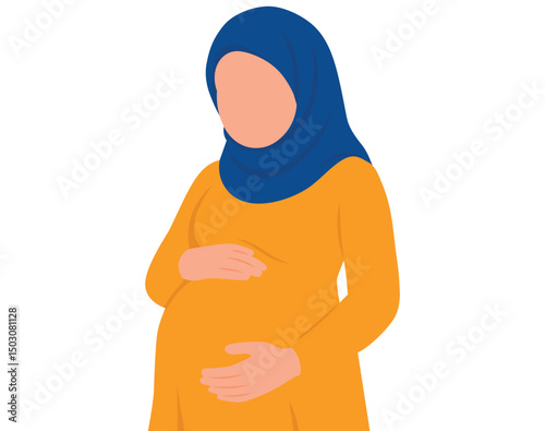 Flat Vector of a Happy Pregnant Woman in Hijab Holding Her Belly  Maternity and Motherhood Illustration