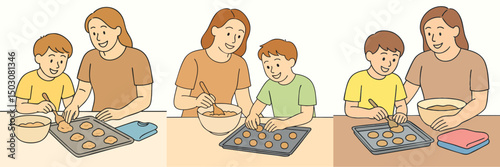 Vector collection of mother and child images making cakes together, mother wearing a light brown shirt, child with a lemon yellow shirt
