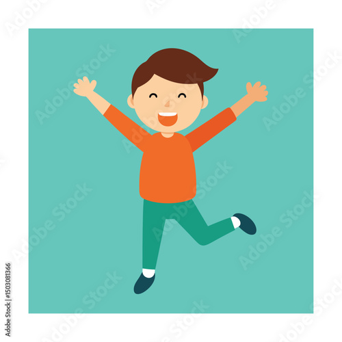 Joyful cartoon illustration of a young boy jumping with arms raised in exuberant happiness