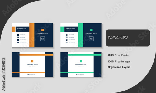 modern doubled sided 3.5 inches and 2 inches business card templates green and orange color, with clean, professional minimalist looks, visiting card with editable vector geometric design and layout.