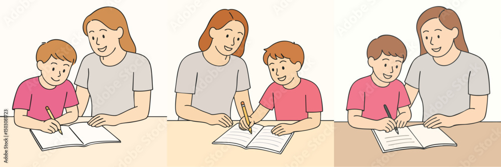 Vector collection of mother and child learning to write together, mother wearing a light gray t-shirt, child with a pink fanta t-shirt