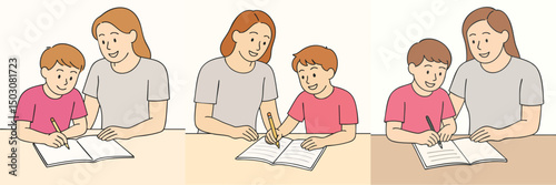 Vector collection of mother and child learning to write together, mother wearing a light gray t-shirt, child with a pink fanta t-shirt