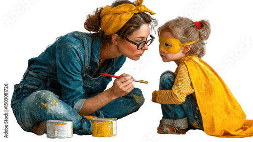 Mother and Daughter Painting: A heartwarming scene of a mother and her young daughter, dressed in yellow, engaging in a playful painting activity together.
