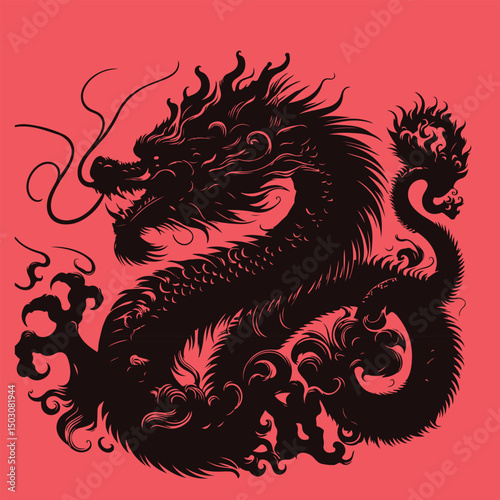 Chinese Dragon (龍) Silhouette and t shirt design with Zodiac Symbol and Crawling Details illustration vector design.