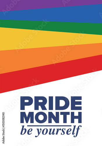LGBT Pride Month in June. Lesbian Gay Bisexual Transgender. Celebrated annual. LGBT flag. Rainbow love concept. Human rights and tolerance. Poster, card, banner and background. Vector illustration