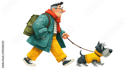 Gentleman Walking Dog: A cheerful illustration of an elderly gentleman strolling with his small dog. The man is wearing a stylish coat and scarf, while his dog sports a cozy sweater.