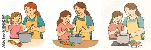 Vector Illustration collection of mother and child cooking together in the kitchen, mother with yellow apron, child with pink t-shirt
