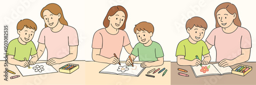Vector Illustration collection of mother and child coloring together at the study table, mother wearing a pastel pink t-shirt, child with a neon green t-shirt