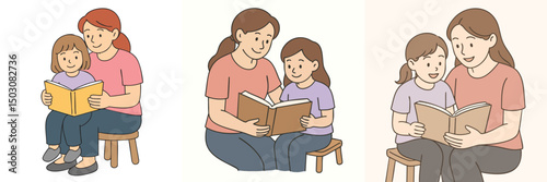 Vector Illustration collection of mother and daughter reading a book together, mother wearing pink clothes, daughter in light purple t-shirt