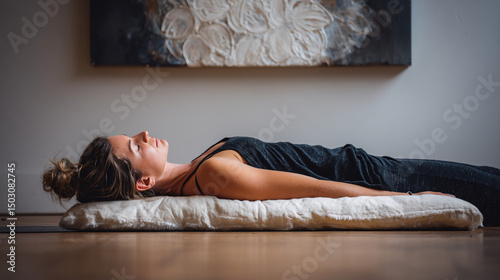 Woman Practicing Yoga Nidra on Soft Cushion in Minimal Space