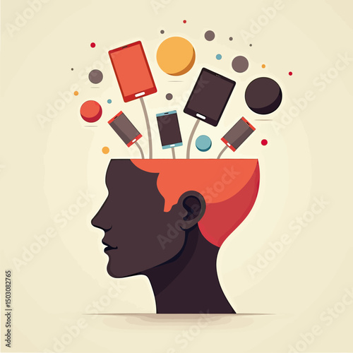 Conceptual vector art of a face divided into floating app-like modules, portraying the influence of technology and information overload in modern life
