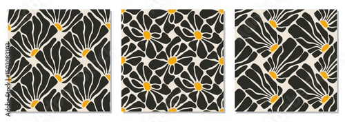 Set of trendy minimalist seamless botanical pattern with abstract creative hand drawn composition