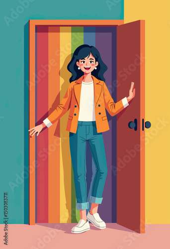 Flat cartoon illustration of person proudly stepping out of a rainbow-colored closet, symbolizing LGBTQ+ identity, self-expression, and joyful visibility
