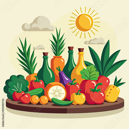 Colorful flat illustration of diverse global dishes on a shared table, symbolizing cultural unity, sustainable agriculture, and joyful mealtime across traditions
