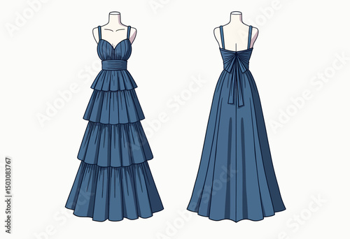 Flat technical drawing of women’s striped tiered maxi dress with spaghetti straps and bustier bodice, featuring a relaxed silhouette in blue, front and back views
