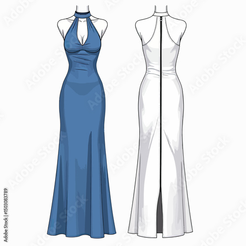 Flat technical drawing of women’s halter maxi dress with asymmetric hem and back zip closure, front and back CAD mockup in white and blue fashion design
