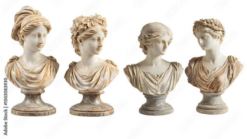 Four marble bust sculptures of women isolated on transparent background Four marble bust sculptures of women isolated on transparent background