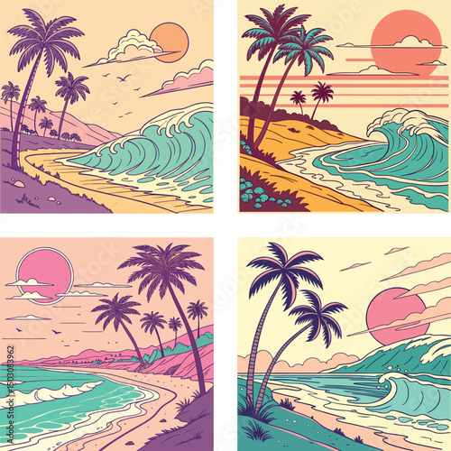 A retro beach with waves, palm trees, and a synthwave sun. 