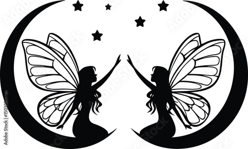 Two Fairy Silhouettes Reaching for Stars on Crescent Moons