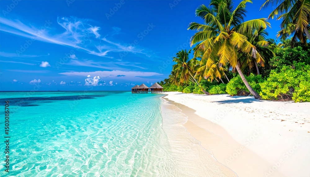 Naklejka premium Maldives island beach. Tropical landscape of summer scenery, white sand with palm