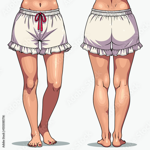 Women’s ruffled short pants CAD mockup with polka-dot print and drawstring waistband, shown in front and back flats, perfect for loungewear or sporty looks
