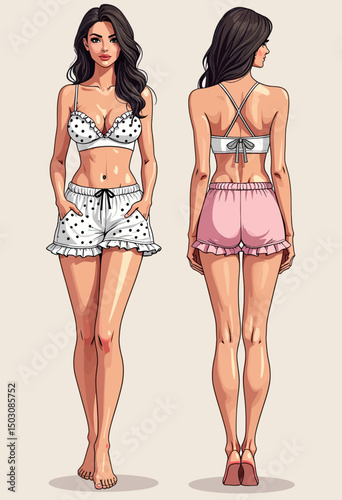 Flat technical drawing of ruffled women’s shorts with polka-dot pattern, featuring drawstring waistband, front and back views in pink and white CAD template
